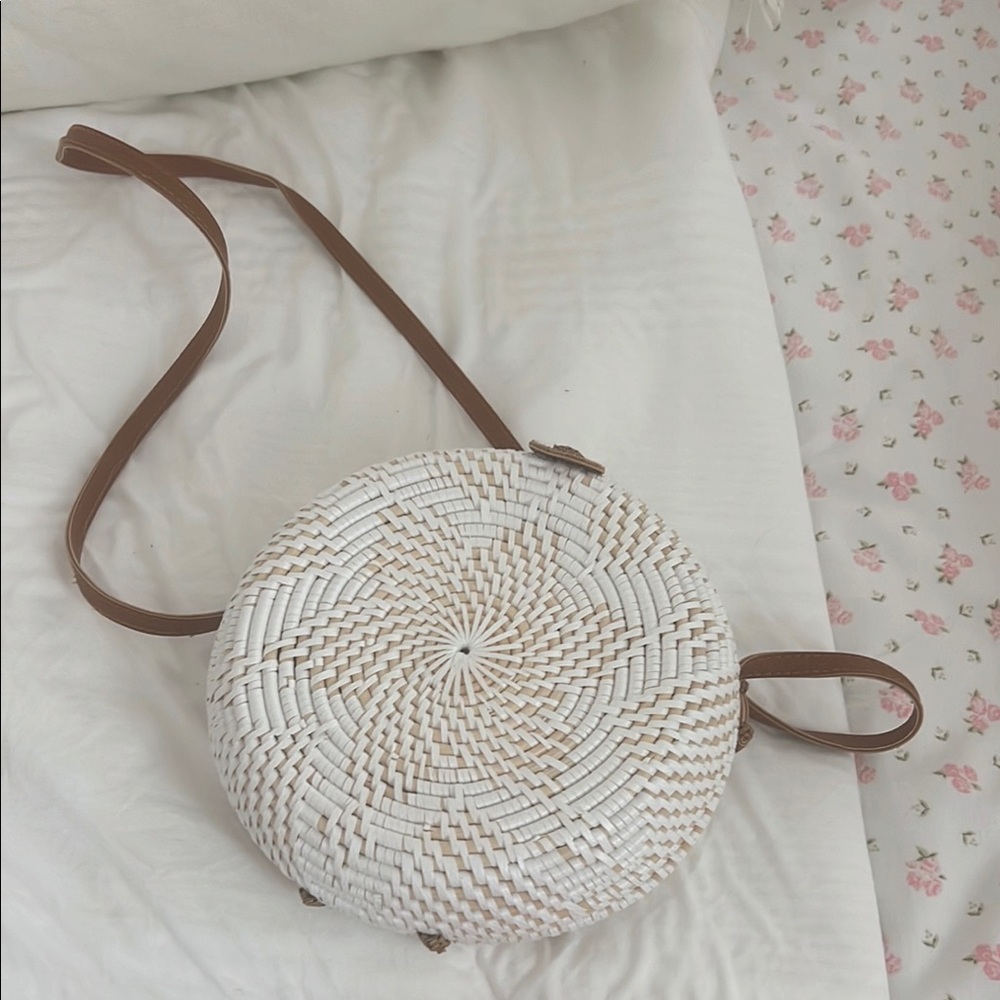 Round White and Brown Crossbody Bag with Intricate Weaving